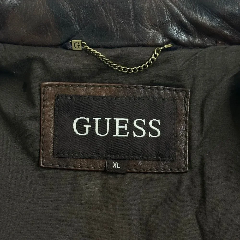 GUESS Brown Leather Moto Field Jacket XL – Genuine Leather – Rare 11PLA1001